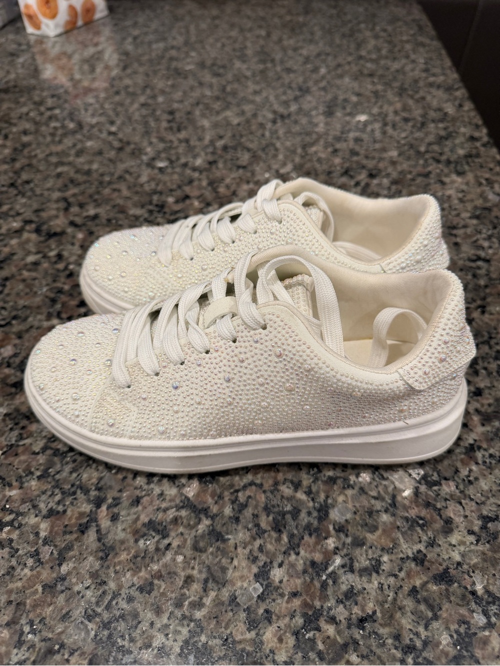 Crystal-Embellished Women's Lace-Up Sneakers in Ivory
